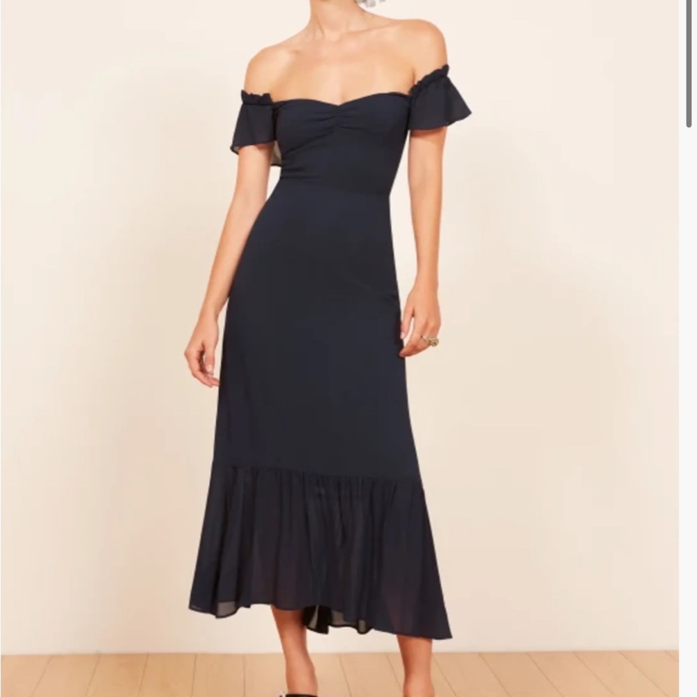 Butterfly Off-Shoulder Navy Midi Dress